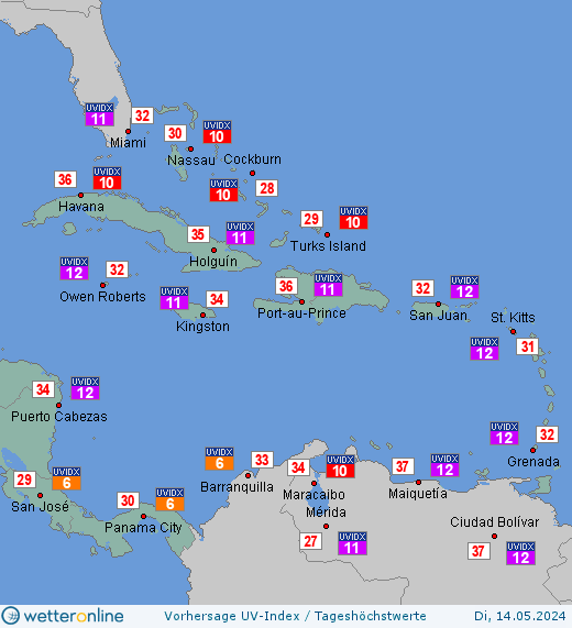 Karibikinseln: UV-Index-Vorhersage für Mittwoch, den 24.04.2024