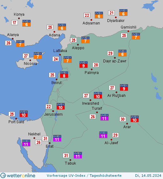 Naher Osten: UV-Index-Vorhersage für Mittwoch, den 24.04.2024