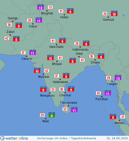 Südasien: UV-Index-Vorhersage für Mittwoch, den 24.04.2024