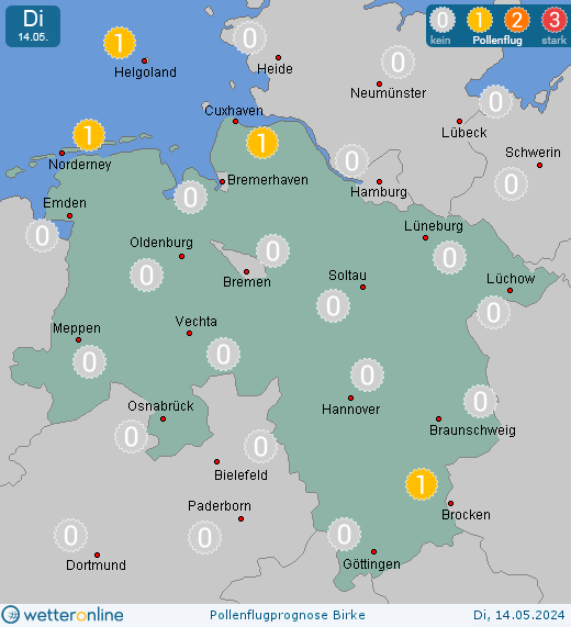 Wolfsburg: Pollenflugvorhersage Birke für Mittwoch, den 24.04.2024