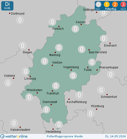 Hessen: Pollenflugvorhersage Weide für Mittwoch, den 24.04.2024