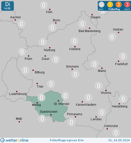 Saarland: Pollenflugvorhersage Erle für Mittwoch, den 24.04.2024