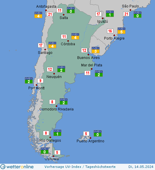Argentinien: UV-Index-Vorhersage für Mittwoch, den 24.04.2024