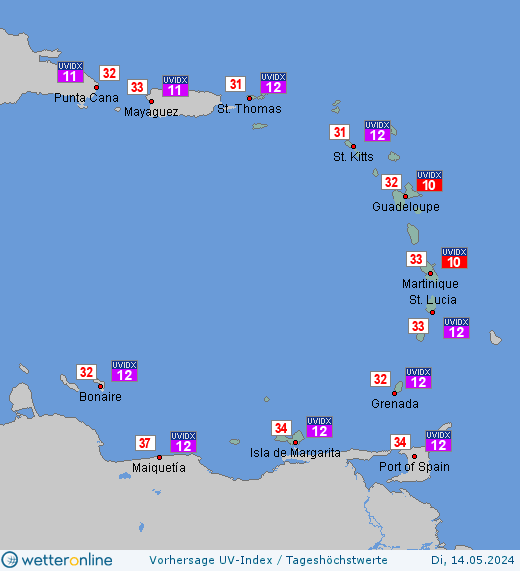 Kleine Antillen: UV-Index-Vorhersage für Mittwoch, den 24.04.2024