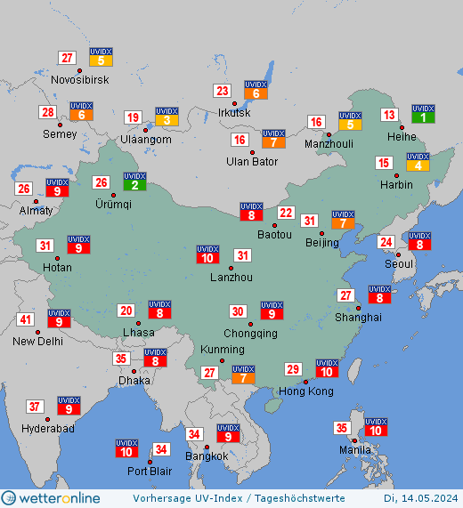 China: UV-Index-Vorhersage für Mittwoch, den 24.04.2024