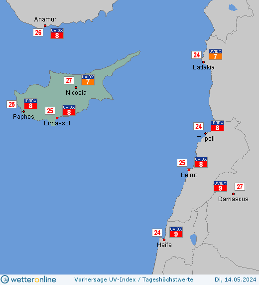 Zypern: UV-Index-Vorhersage für Mittwoch, den 24.04.2024