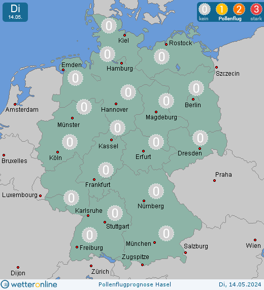Deutschland: Pollenflugvorhersage Hasel für Mittwoch, den 24.04.2024