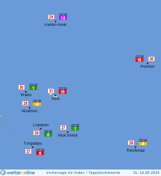 Futuna und Wallis: UV-Index-Vorhersage für Mittwoch, den 24.04.2024