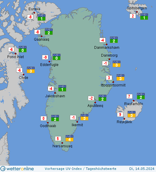 Grönland: UV-Index-Vorhersage für Mittwoch, den 24.04.2024