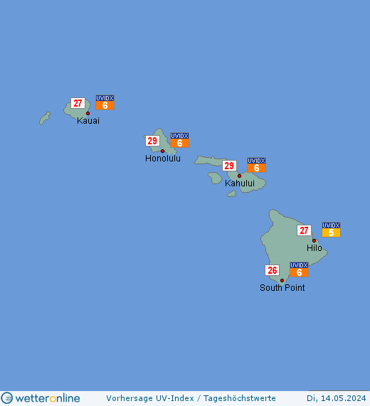 Hawaii-Inseln: UV-Index-Vorhersage für Mittwoch, den 24.04.2024