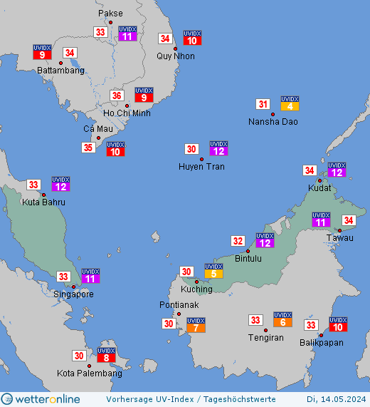 Malaysia: UV-Index-Vorhersage für Mittwoch, den 24.04.2024