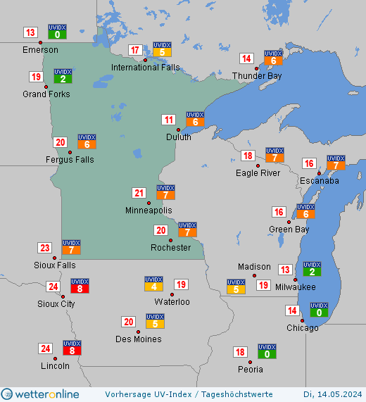 Minnesota: UV-Index-Vorhersage für Mittwoch, den 24.04.2024