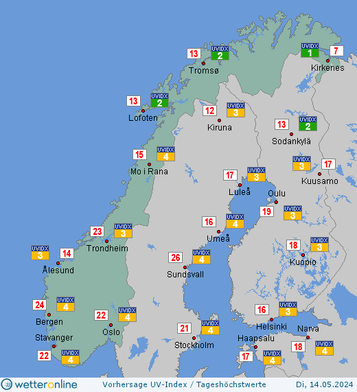 Norwegen: UV-Index-Vorhersage für Mittwoch, den 24.04.2024