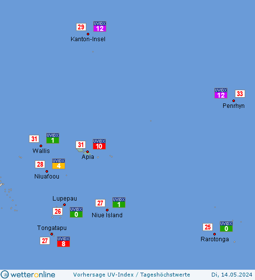 Samoa: UV-Index-Vorhersage für Mittwoch, den 24.04.2024