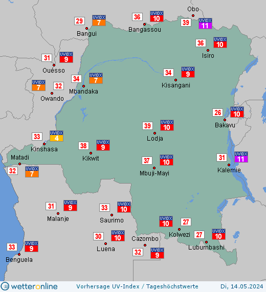 Demokratische Republik Kongo: UV-Index-Vorhersage für Mittwoch, den 24.04.2024