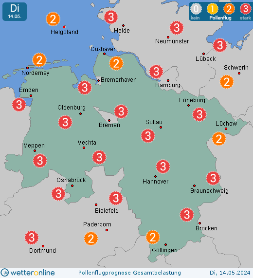 Niedersachsen: Pollenflugvorhersage Gesamtbelastung für Mittwoch, den 24.04.2024