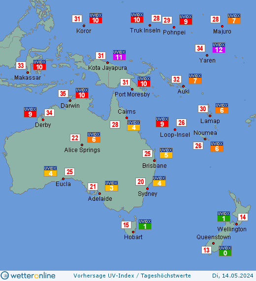 Ozeanien: UV-Index-Vorhersage für Mittwoch, den 24.04.2024