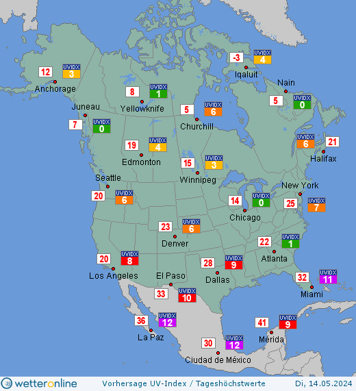 Nordamerika: UV-Index-Vorhersage für Mittwoch, den 24.04.2024