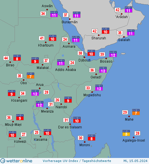 Ostafrika: UV-Index-Vorhersage für Donnerstag, den 25.04.2024