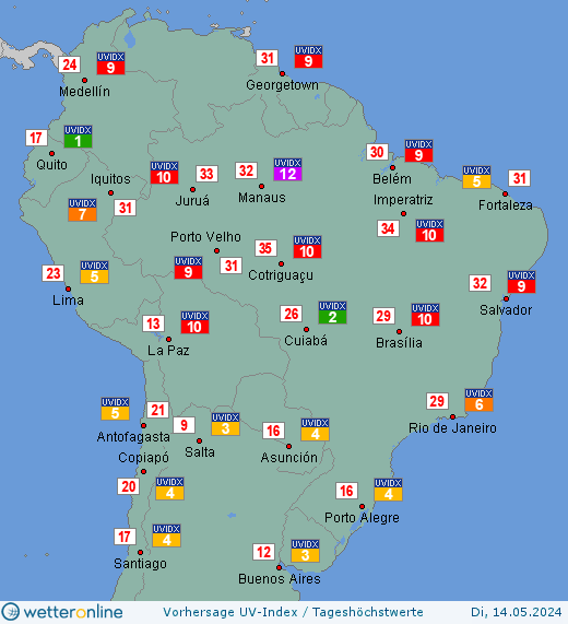 Mittleres Südamerika: UV-Index-Vorhersage für Donnerstag, den 25.04.2024