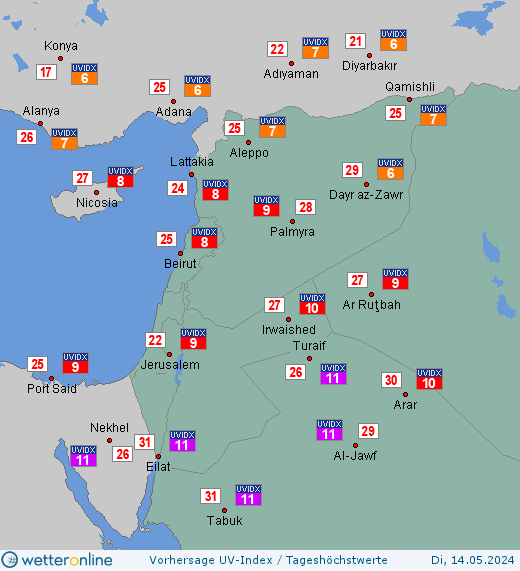 Naher Osten: UV-Index-Vorhersage für Donnerstag, den 25.04.2024