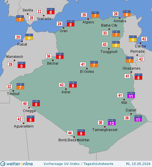 Algerien: UV-Index-Vorhersage für Donnerstag, den 25.04.2024