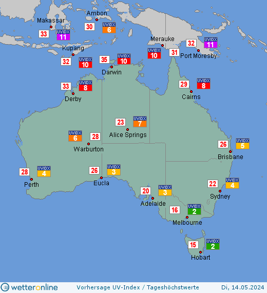 Australien: UV-Index-Vorhersage für Donnerstag, den 25.04.2024