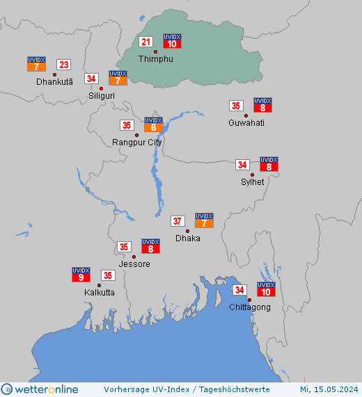 Bhutan: UV-Index-Vorhersage für Donnerstag, den 25.04.2024