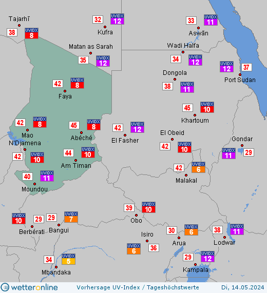 Tschad: UV-Index-Vorhersage für Donnerstag, den 25.04.2024