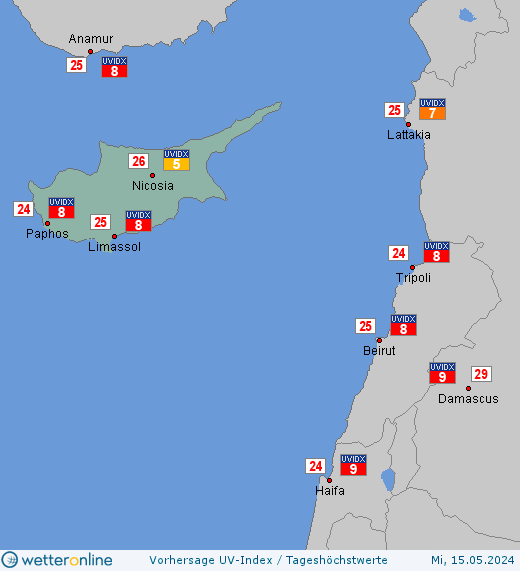Zypern: UV-Index-Vorhersage für Donnerstag, den 25.04.2024