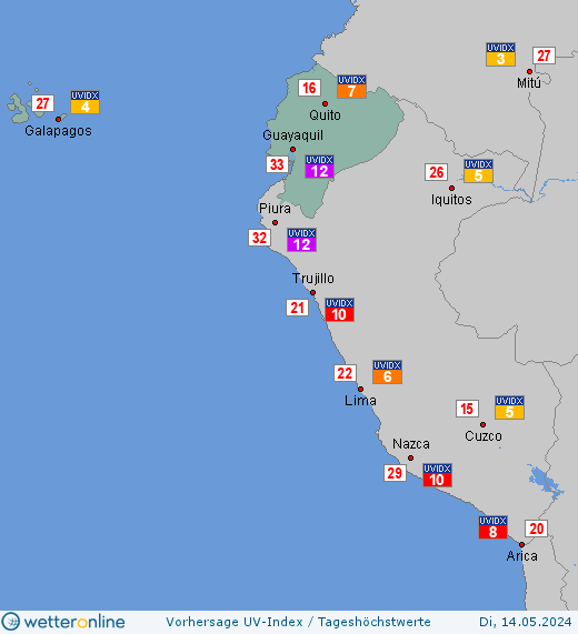 Ecuador: UV-Index-Vorhersage für Donnerstag, den 25.04.2024