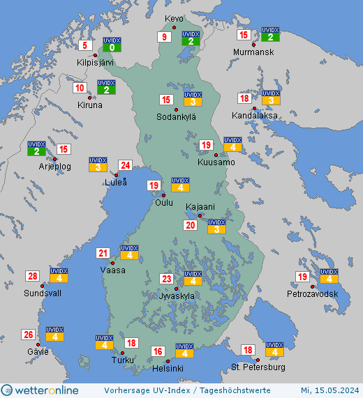 Finnland: UV-Index-Vorhersage für Donnerstag, den 25.04.2024
