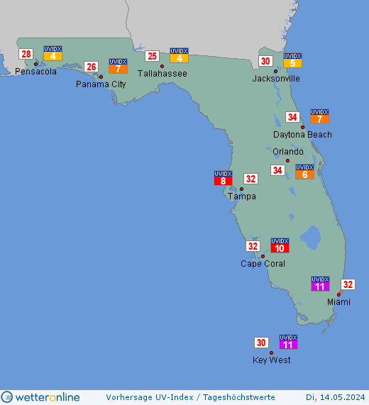 Florida: UV-Index-Vorhersage für Donnerstag, den 25.04.2024