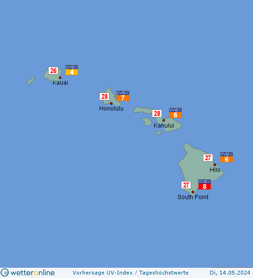 Hawaii-Inseln: UV-Index-Vorhersage für Donnerstag, den 25.04.2024
