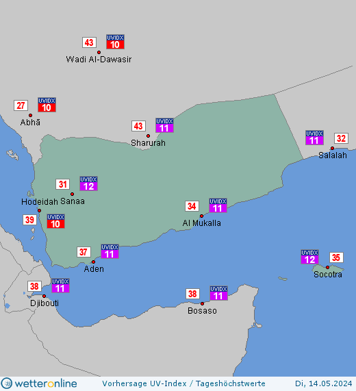 Jemen: UV-Index-Vorhersage für Donnerstag, den 25.04.2024