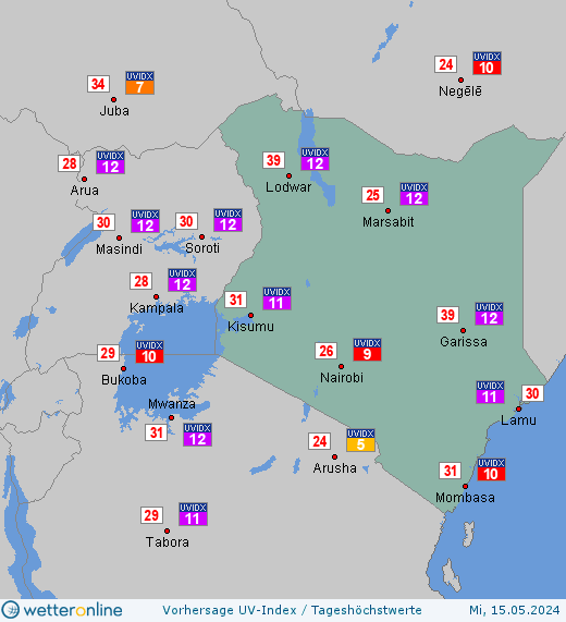Kenia: UV-Index-Vorhersage für Donnerstag, den 25.04.2024
