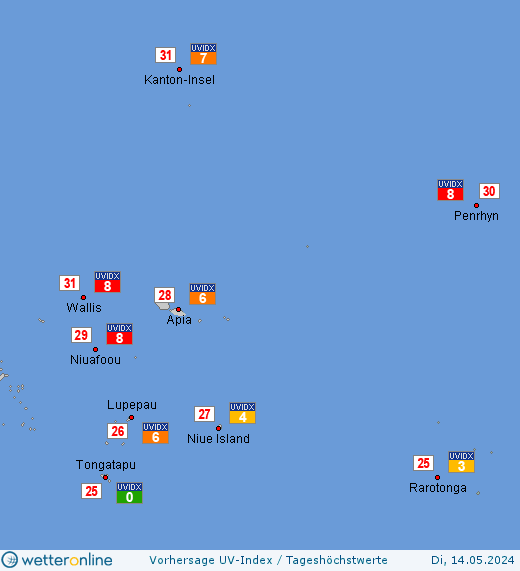 Cookinseln: UV-Index-Vorhersage für Donnerstag, den 25.04.2024