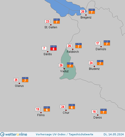 Liechtenstein: UV-Index-Vorhersage für Donnerstag, den 25.04.2024