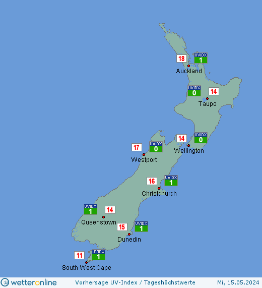 Neuseeland: UV-Index-Vorhersage für Donnerstag, den 25.04.2024