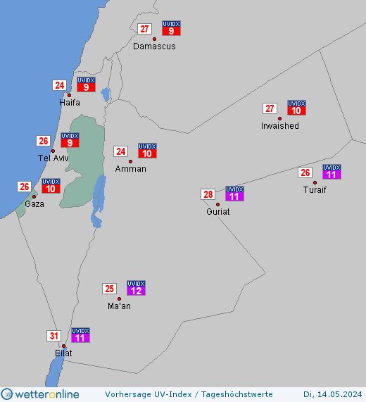 Palästinensische Gebiete: UV-Index-Vorhersage für Donnerstag, den 25.04.2024