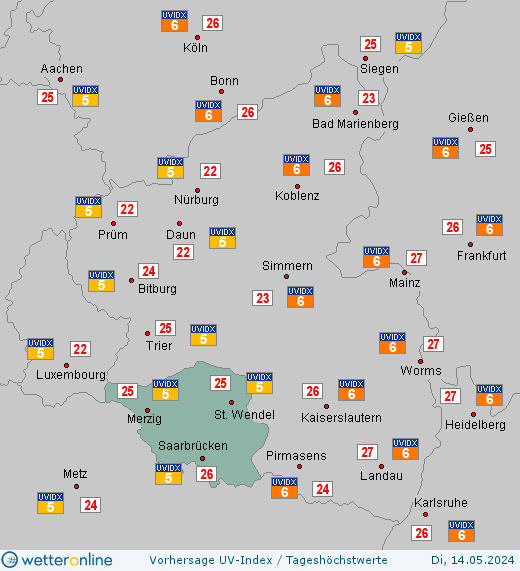 Saarland: UV-Index-Vorhersage für Donnerstag, den 25.04.2024