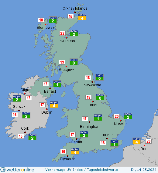Vereinigtes Königreich: UV-Index-Vorhersage für Donnerstag, den 25.04.2024