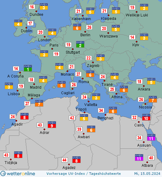 Südeuropa: UV-Index-Vorhersage für Freitag, den 26.04.2024