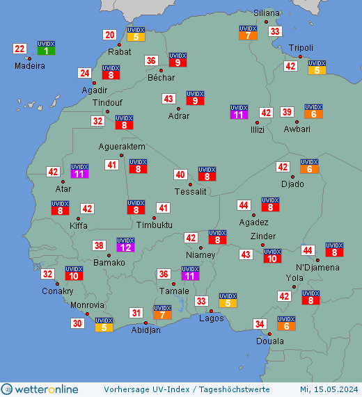 Westafrika: UV-Index-Vorhersage für Freitag, den 26.04.2024