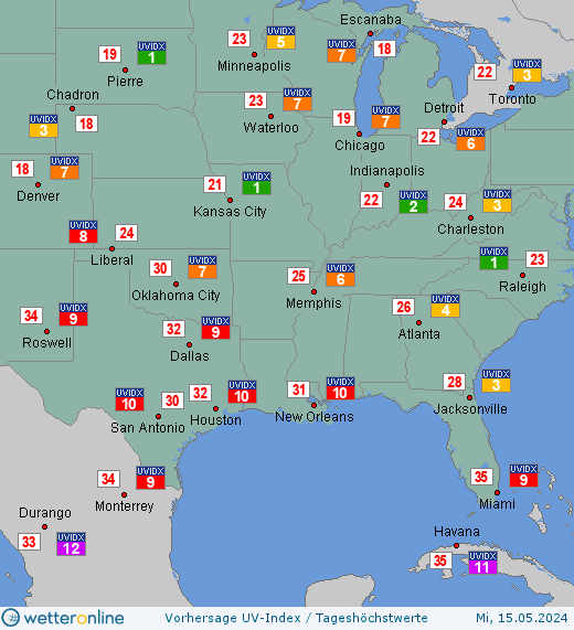 Südstaaten: UV-Index-Vorhersage für Freitag, den 26.04.2024