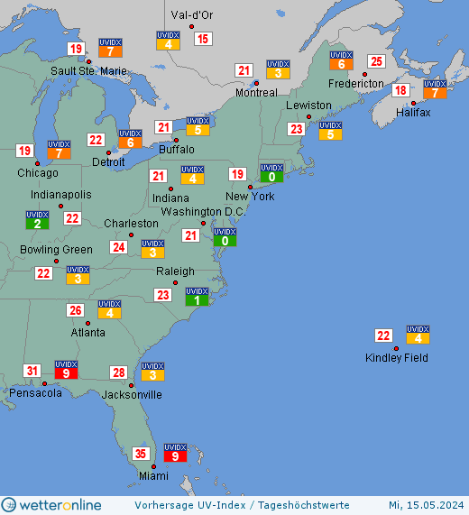 US-Ostküste: UV-Index-Vorhersage für Freitag, den 26.04.2024