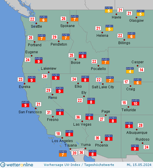 US-Westküste: UV-Index-Vorhersage für Freitag, den 26.04.2024