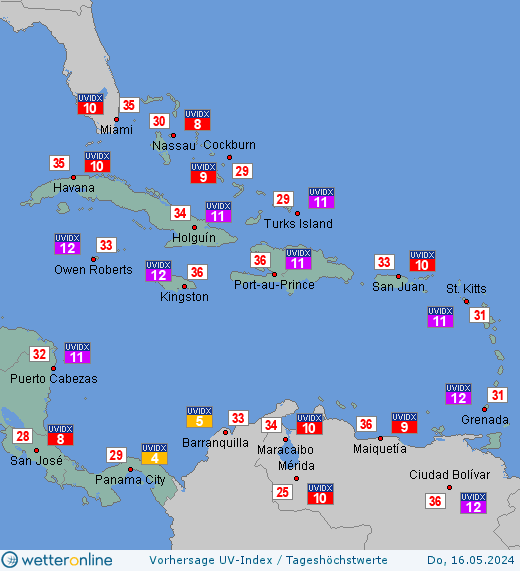 Karibikinseln: UV-Index-Vorhersage für Freitag, den 26.04.2024