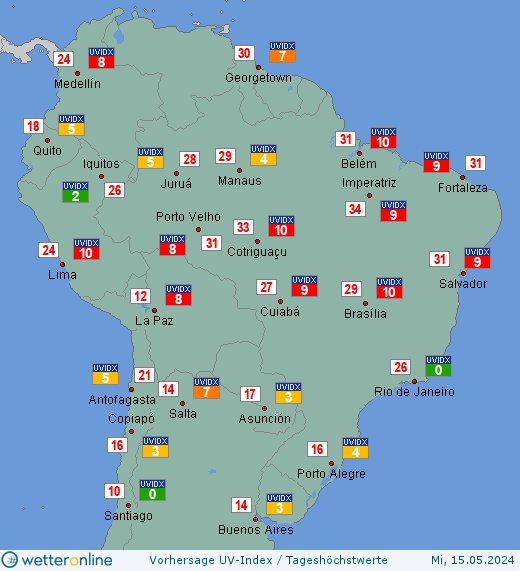 Mittleres Südamerika: UV-Index-Vorhersage für Freitag, den 26.04.2024