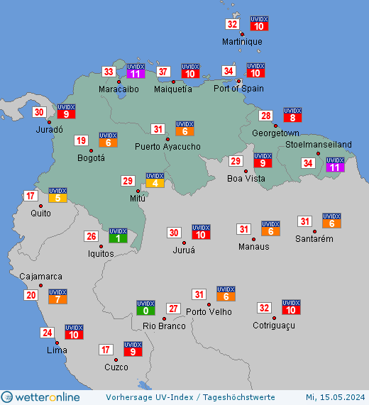 Nördliches Südamerika: UV-Index-Vorhersage für Freitag, den 26.04.2024